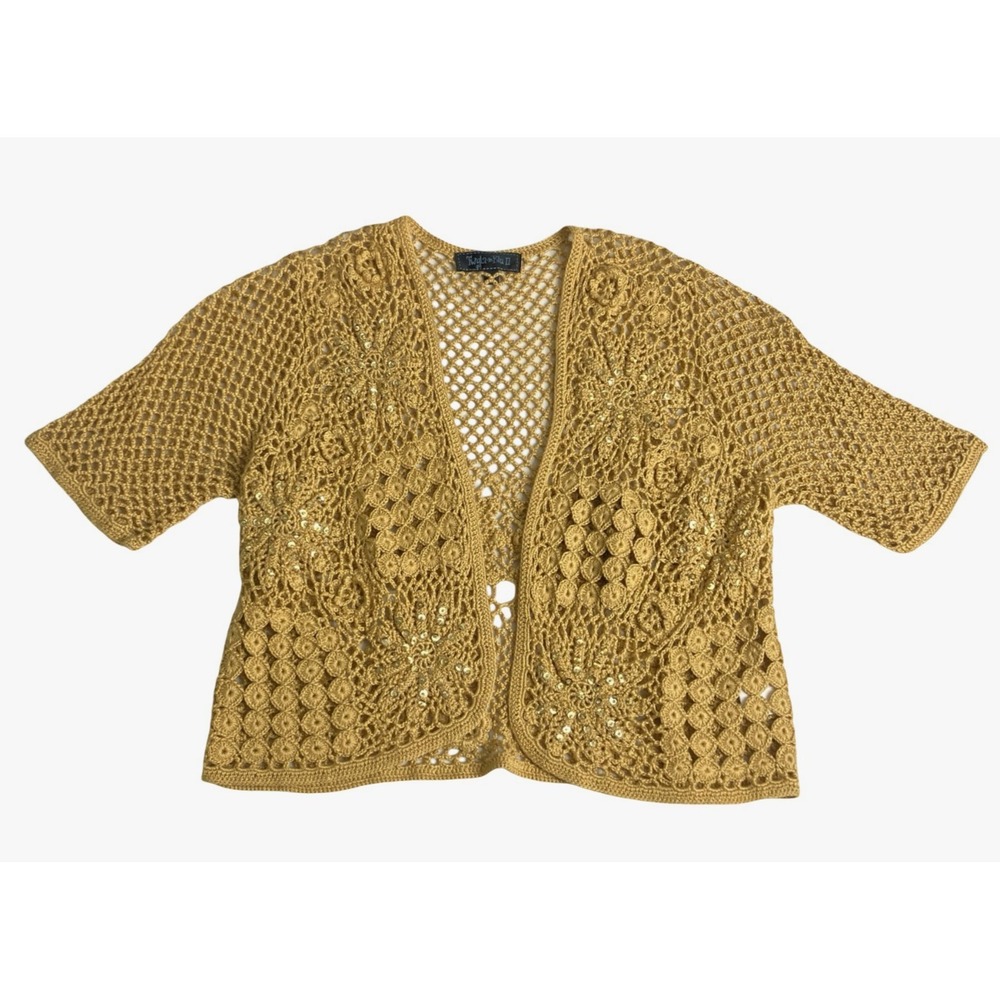 Twyla Blu II Cardigan Womens 1X Mustard Gold Crochet Floral Sequin Wool Blend